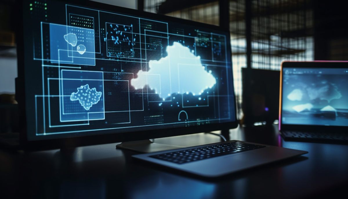 Glowing blue office desk with modern technology generated by AI Image