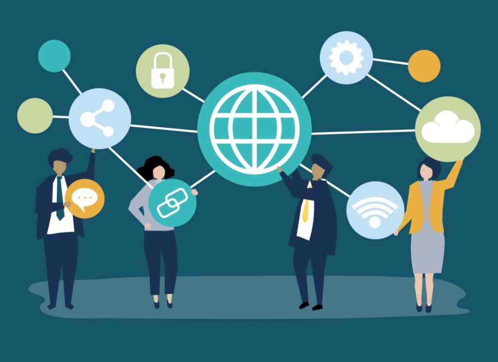 Character illustration of business people with connection icons